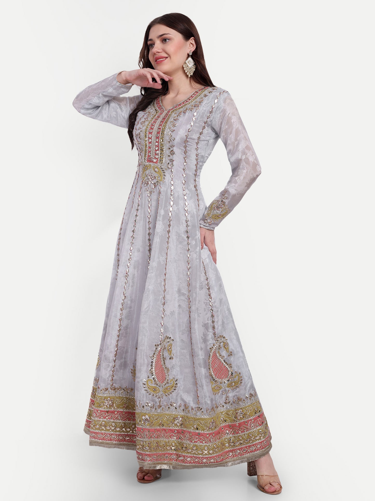 Grey Gotta Patti Anarkali With Dupatta