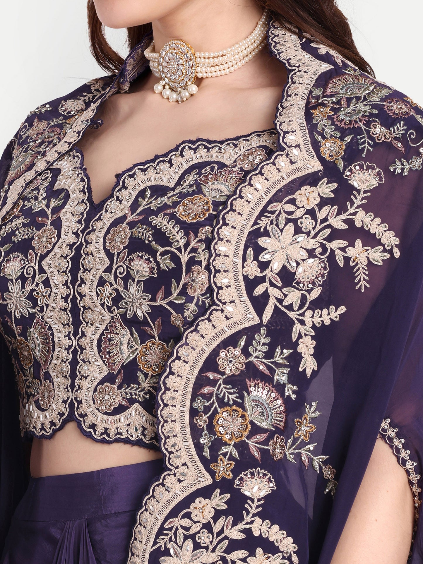 Purple Cape Set Of Crop Top And Skirt