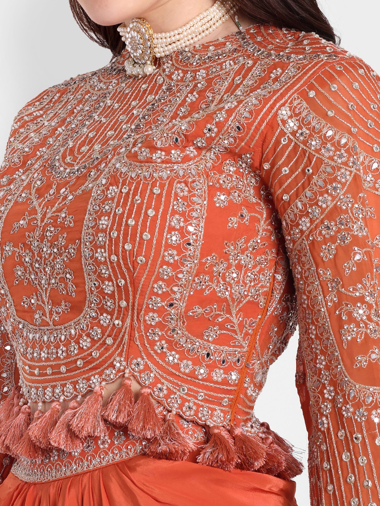 Orange Set Of Long Sleeves Top And Dhoti Skirt