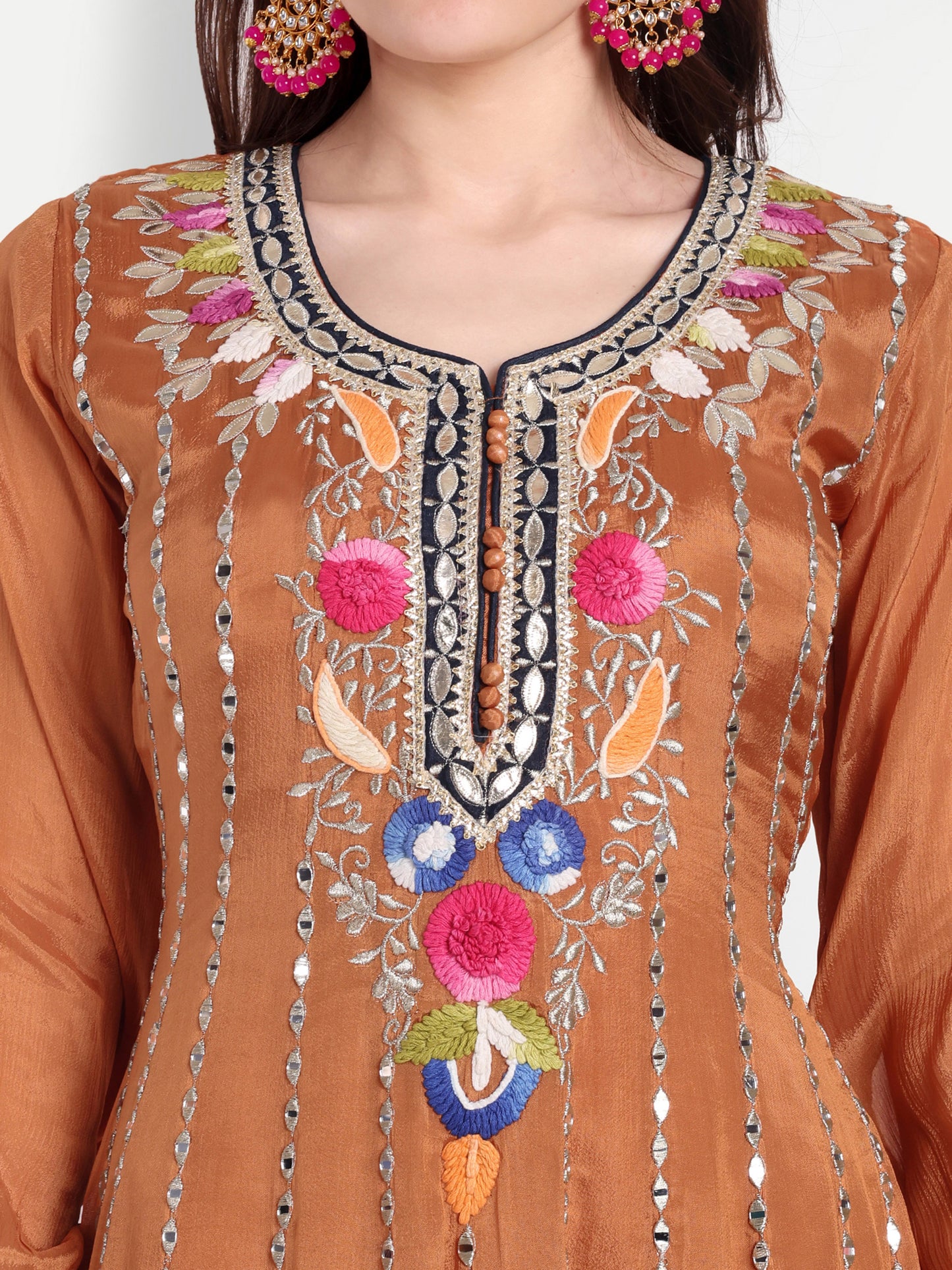 Rust Orange Embroidered Anarkali With Dupatta