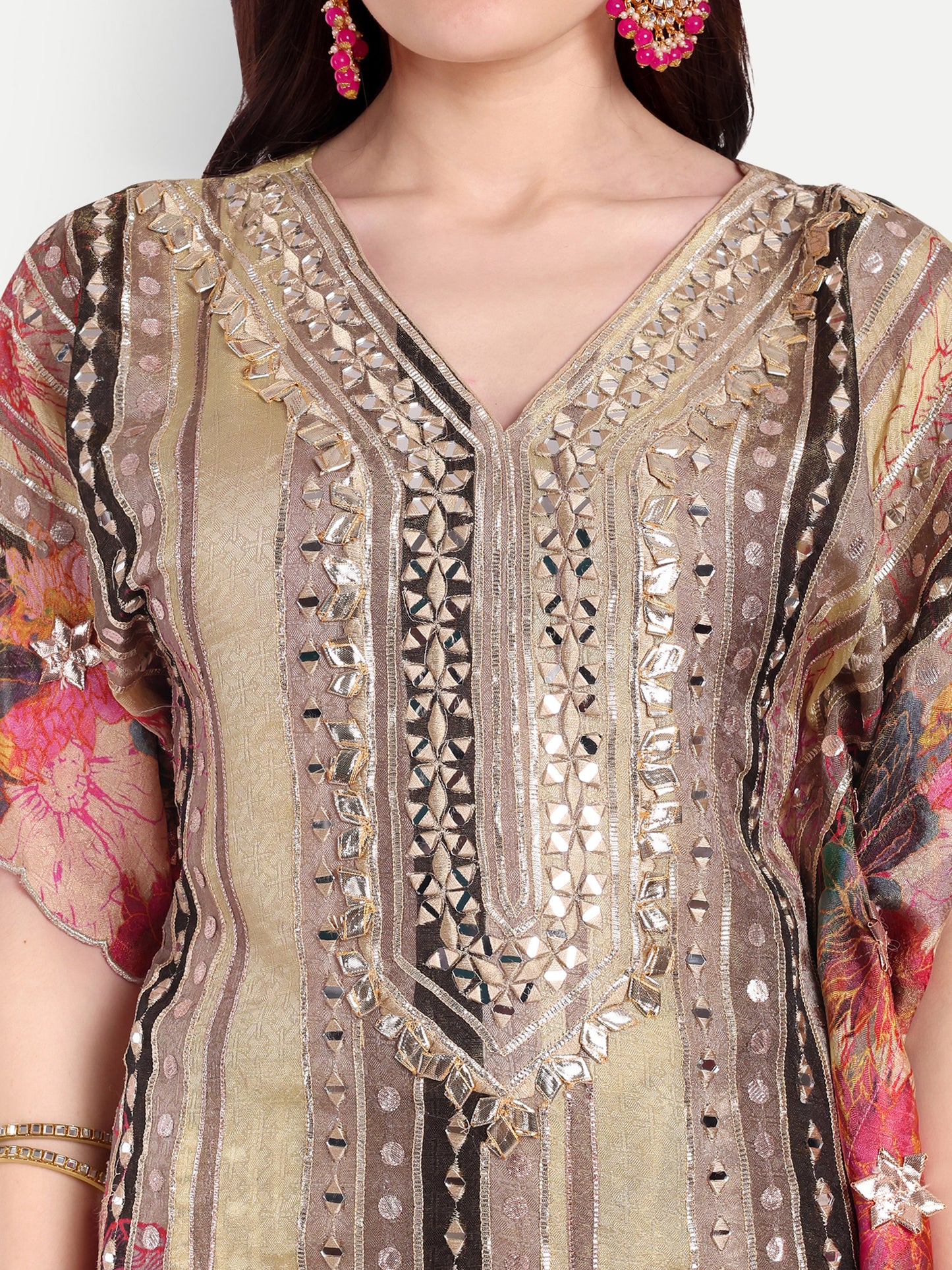Beige Gota Patti Floral Embroidered Kaftan Set