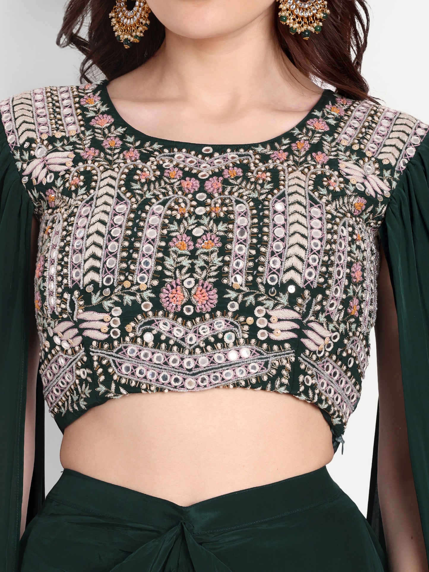Bottle Green Long Sleeves Embroidered Top And Dhoti Skirt