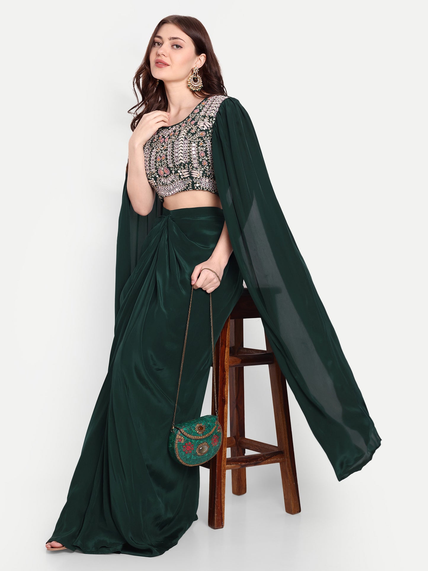 Bottle Green Long Sleeves Embroidered Top And Dhoti Skirt