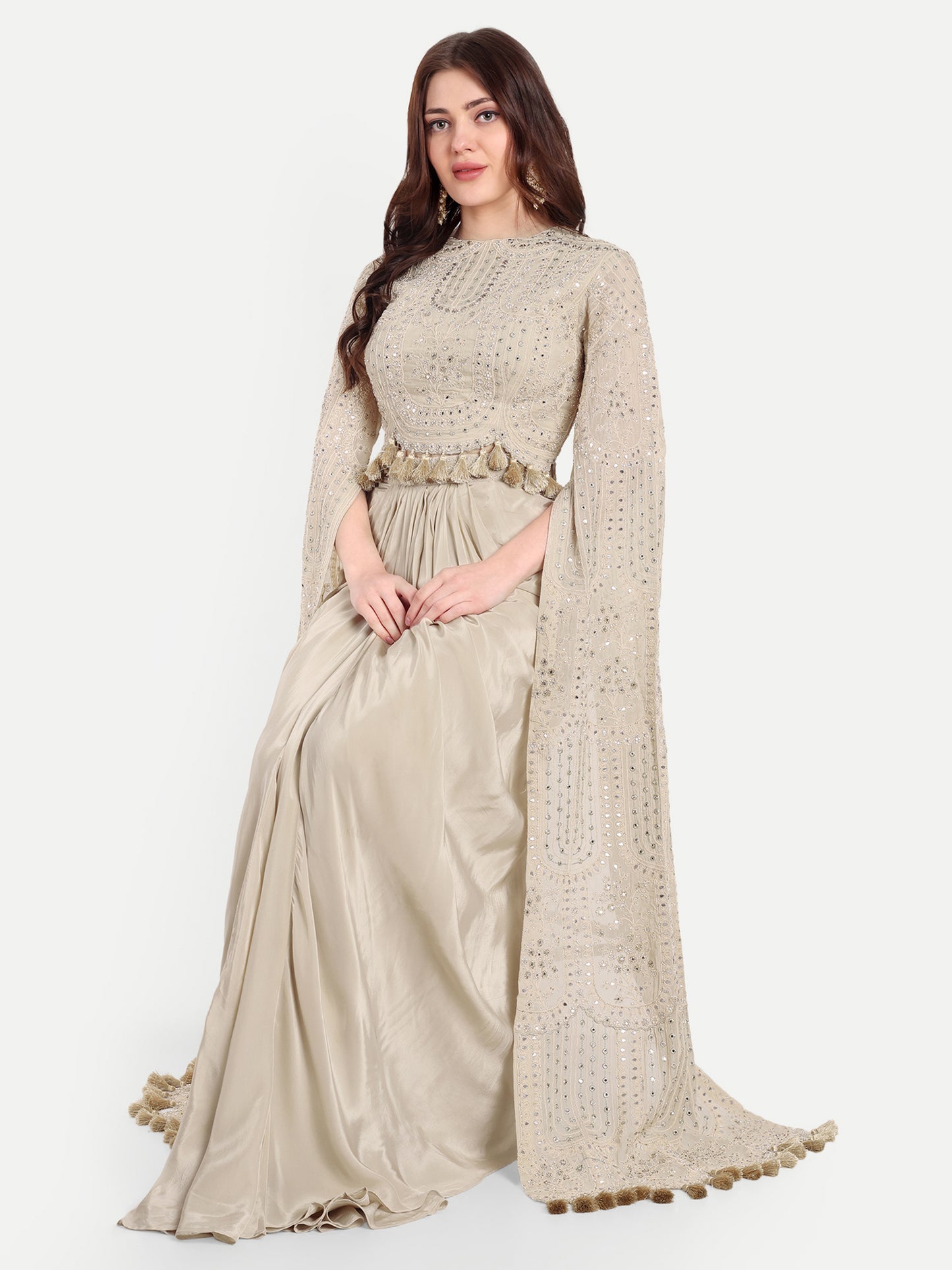 Beige Set Of Long Sleeves Top And Dhoti Skirt