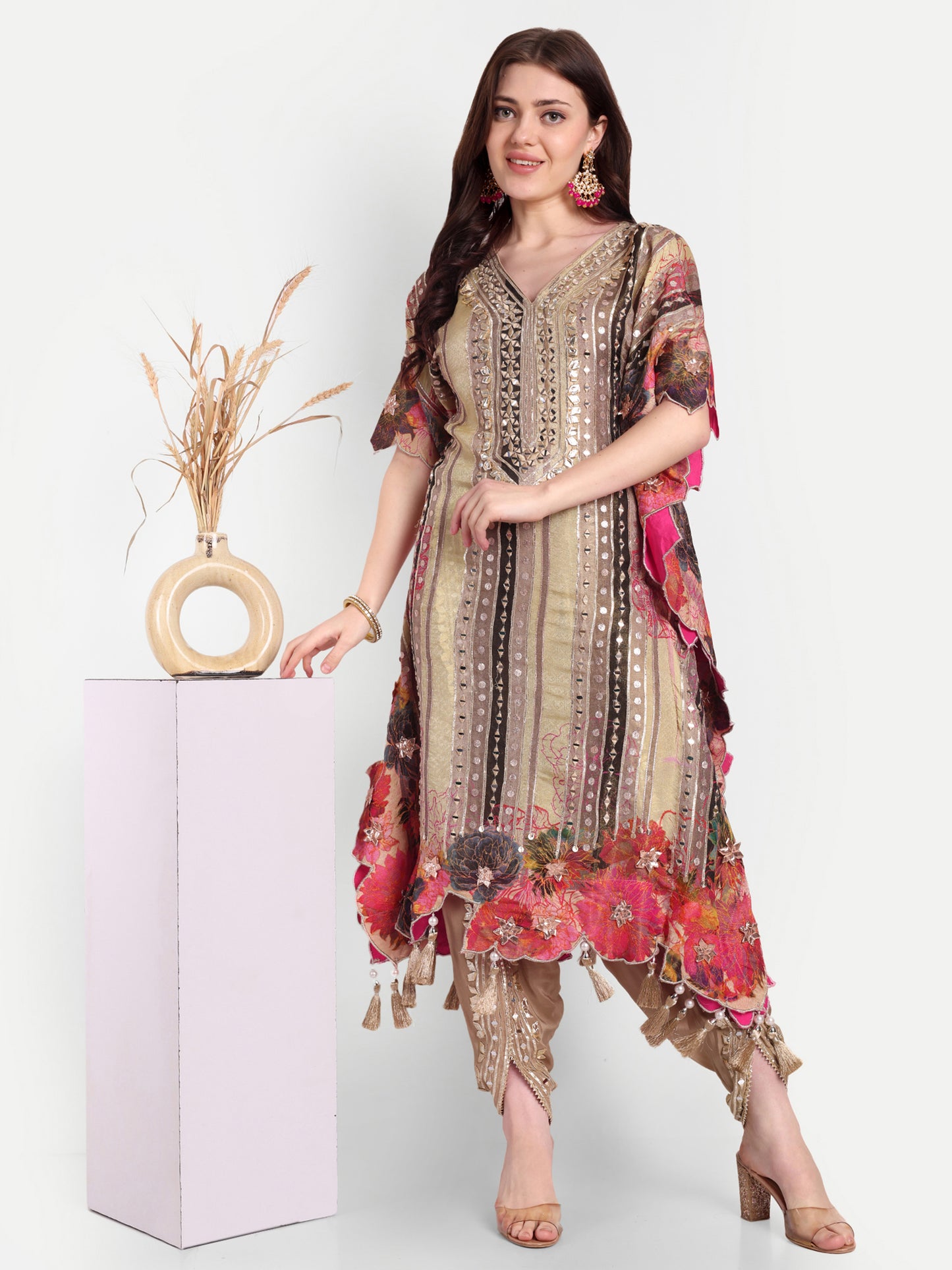 Beige Gota Patti Floral Embroidered Kaftan Set