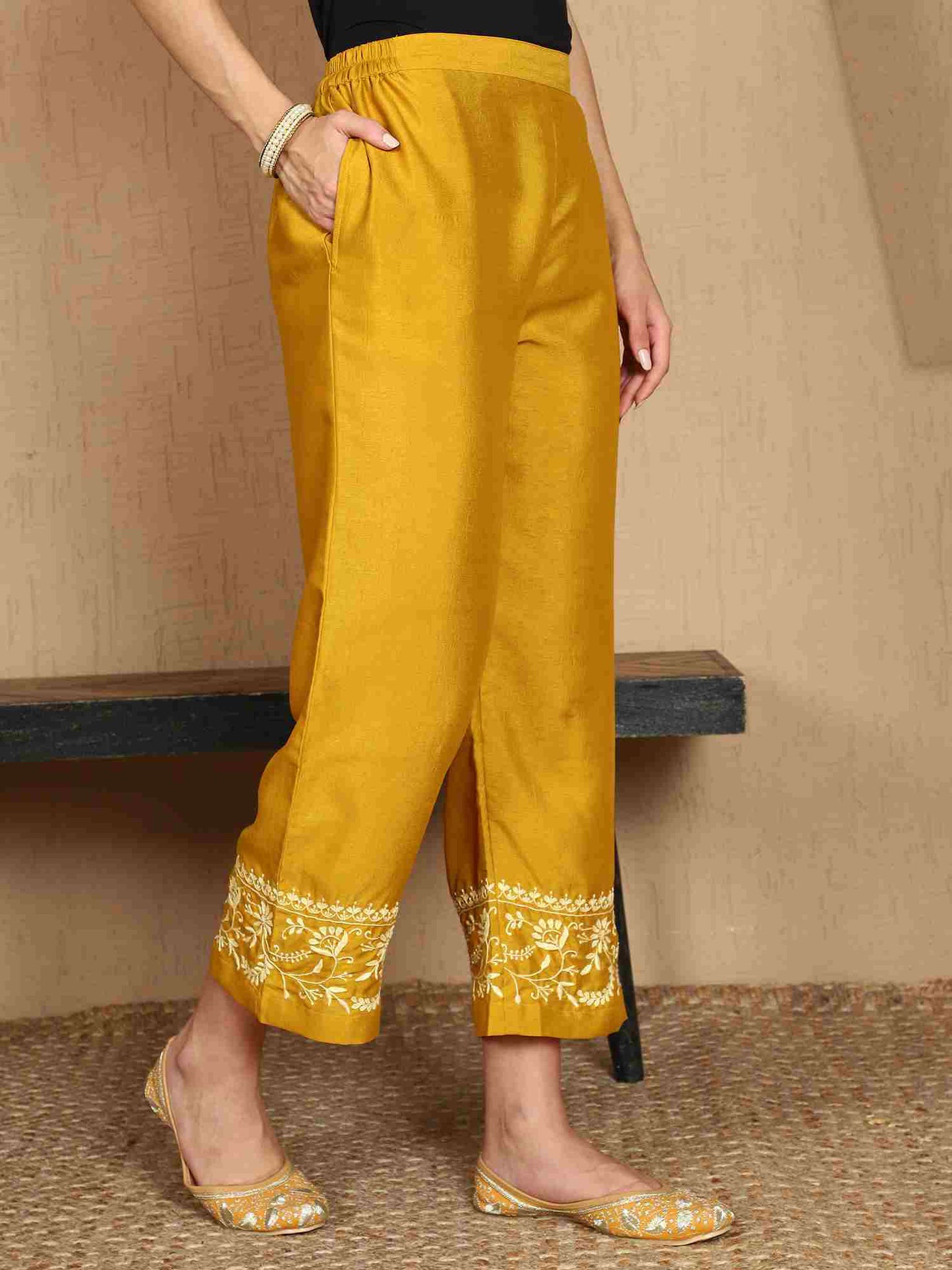 Janhvi Yellow Chikankari Kurta Set with Butter Yellow Border – Notch Neck