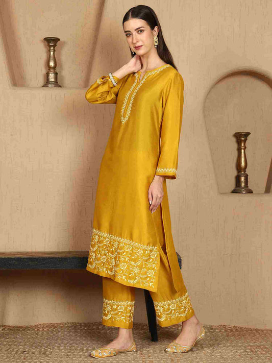 Janhvi Yellow Chikankari Kurta Set with Butter Yellow Border – Notch Neck