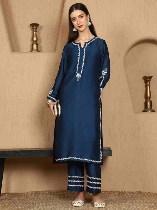 Kiara Blue Chikankari Kurta Set with White Thread – Notch Neck