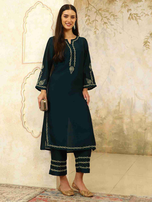 Urvi Green Chikankari Kurta Set – Notch Neck