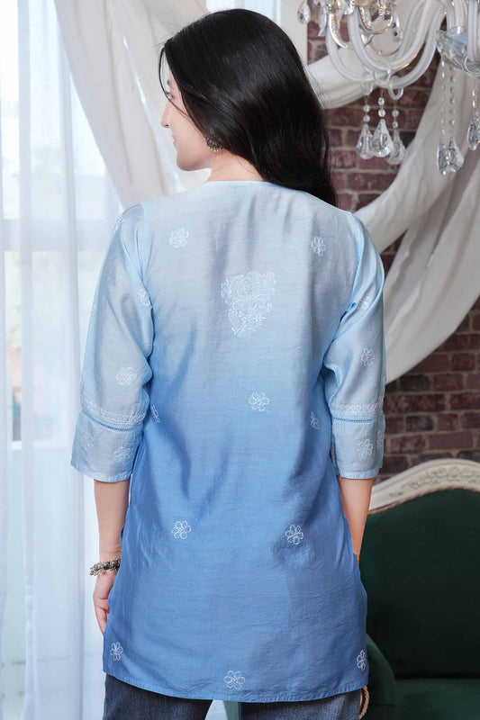 Akasa Chanderi Chikankari Kurti – Blue Ombre