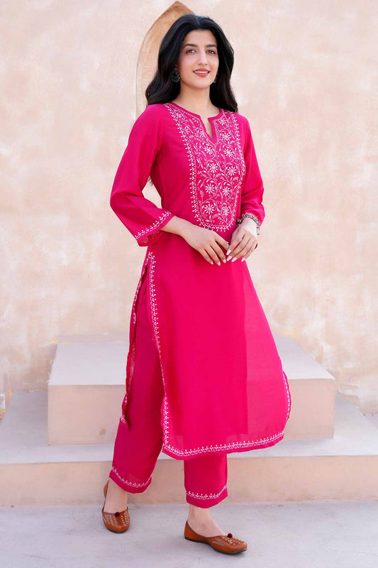 Devika Chikankari Kurta Set with Baby Pink Embroidery
