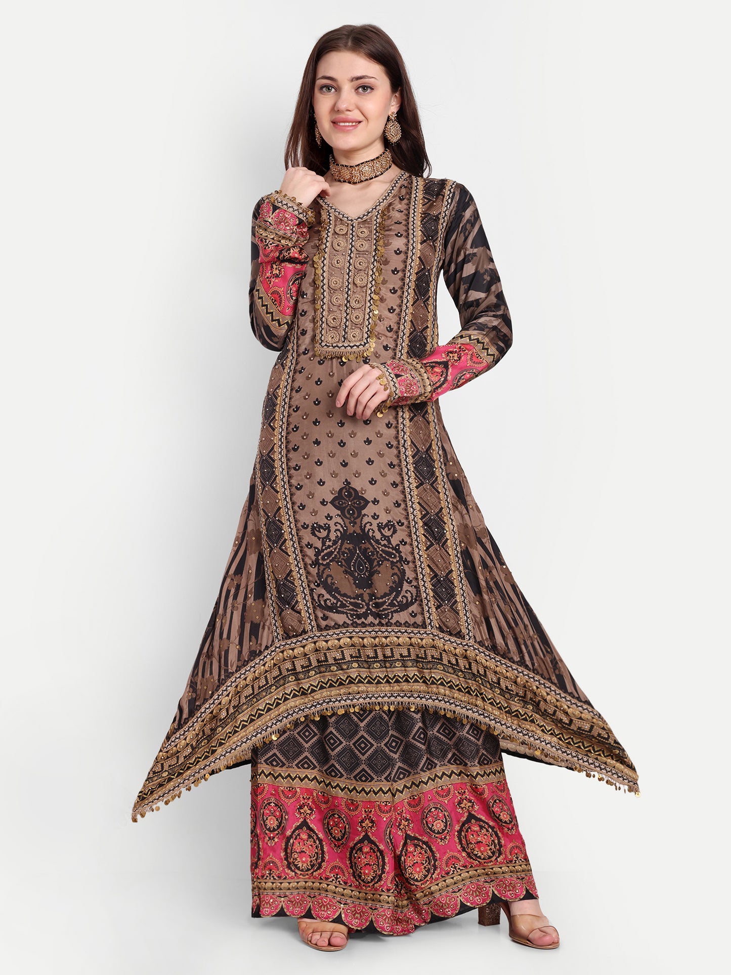 Black And Brown Kurta Set With Potli Bag