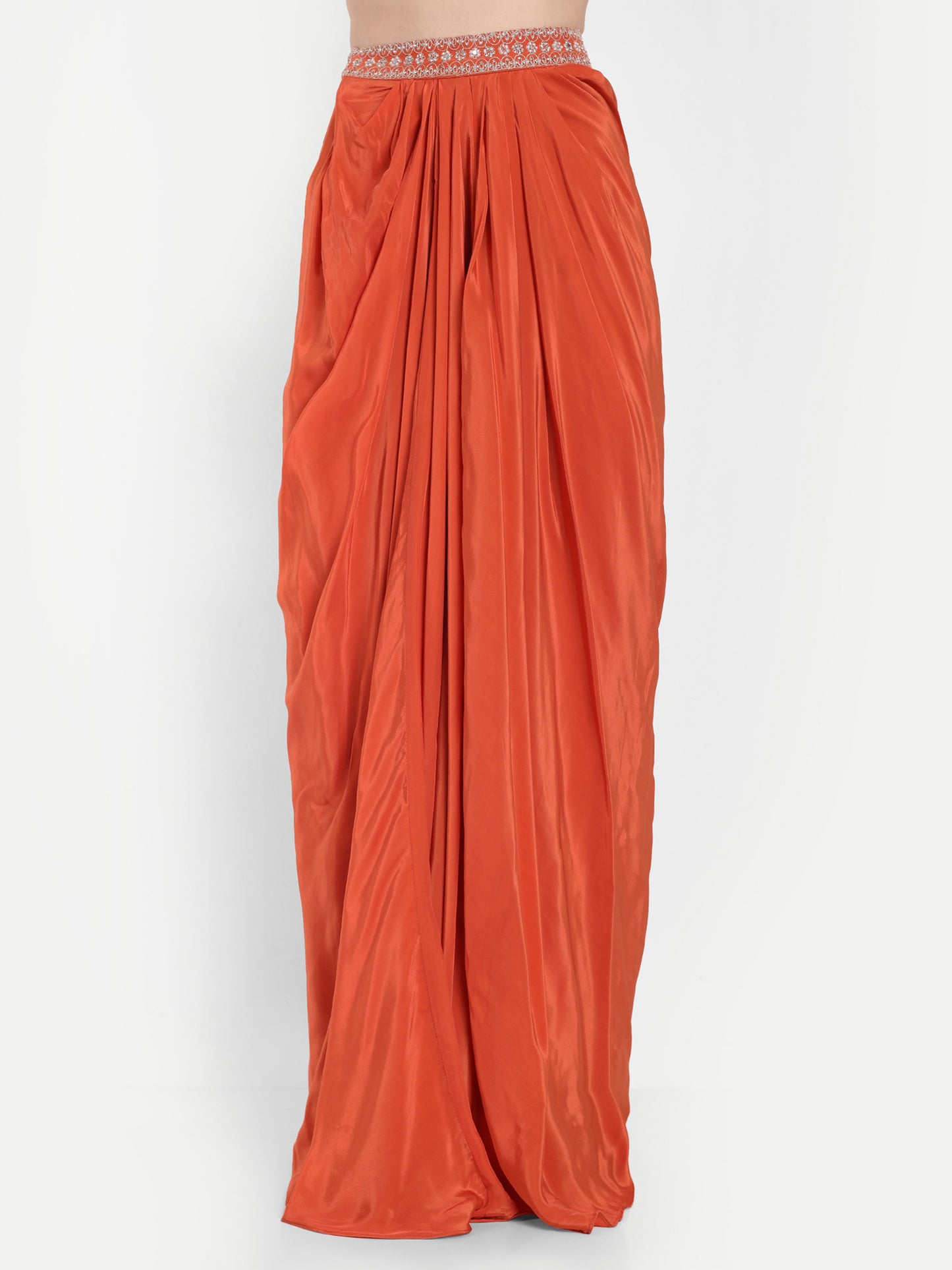 Orange Set Of Long Sleeves Top And Dhoti Skirt