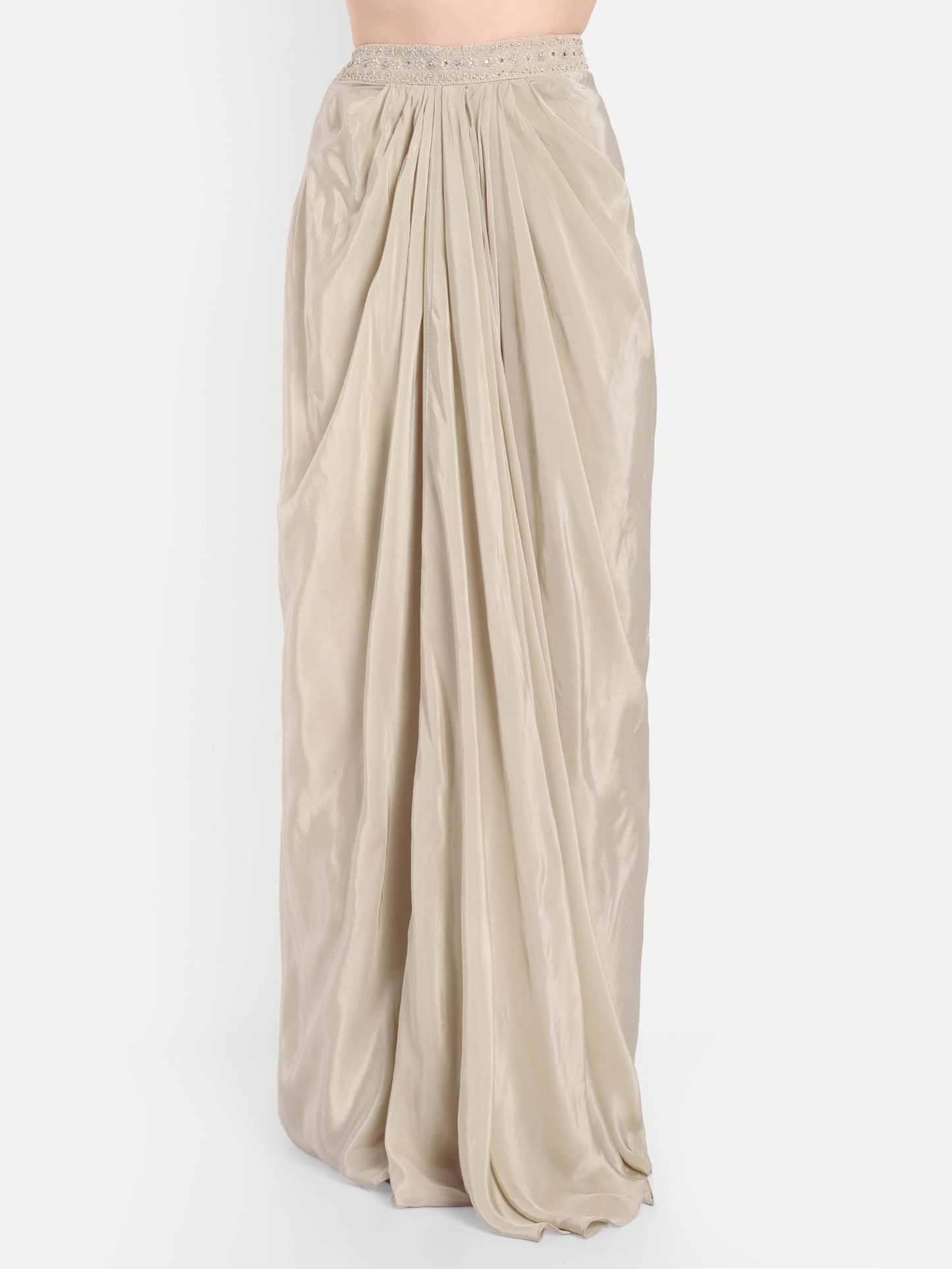 Beige Set Of Long Sleeves Top And Dhoti Skirt