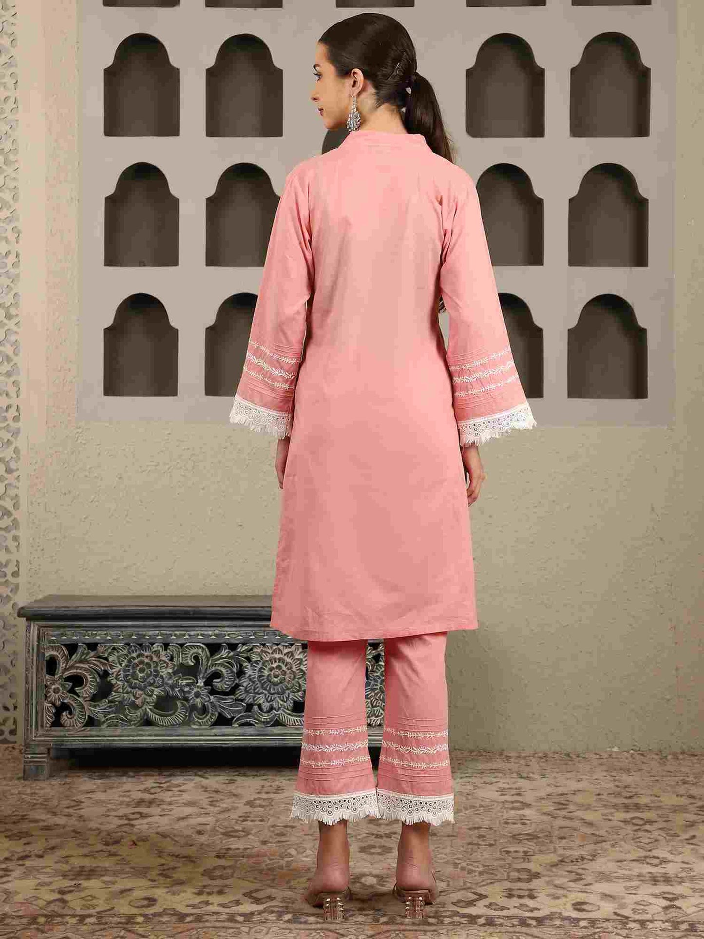 Chahak Pink Chikankari Kurta Set with White Thread – V Neck