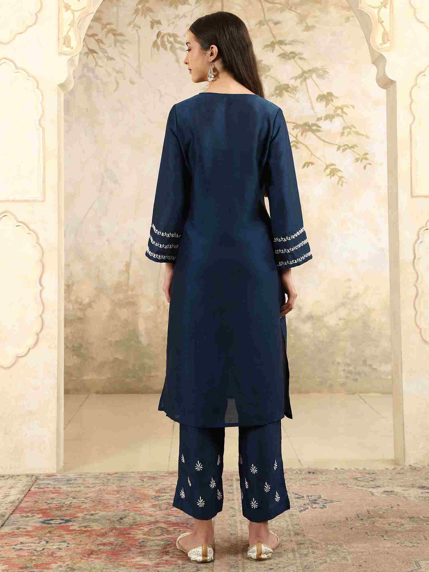 Zainab Blue Chikankari Kurta Set with White Yoke – Notch Neck