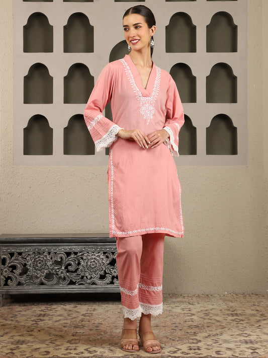 Aisha Pink Chikankari Kurta Set with White Thread – V Neck