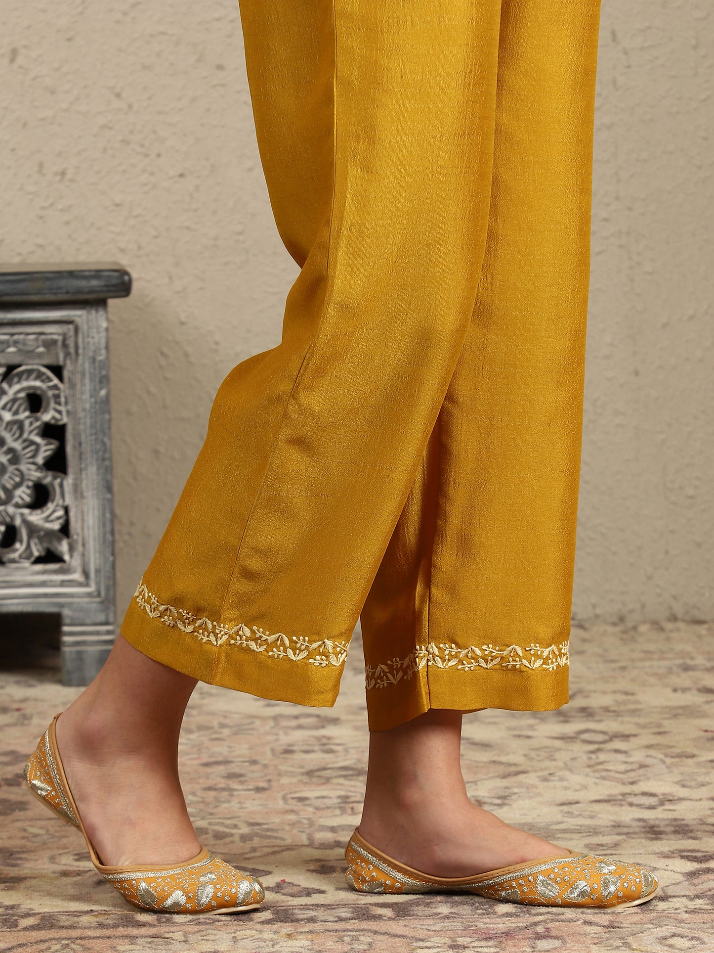 Ishani Yellow Chikankari Kurta Set with Butter Yellow Yoke – V Neck