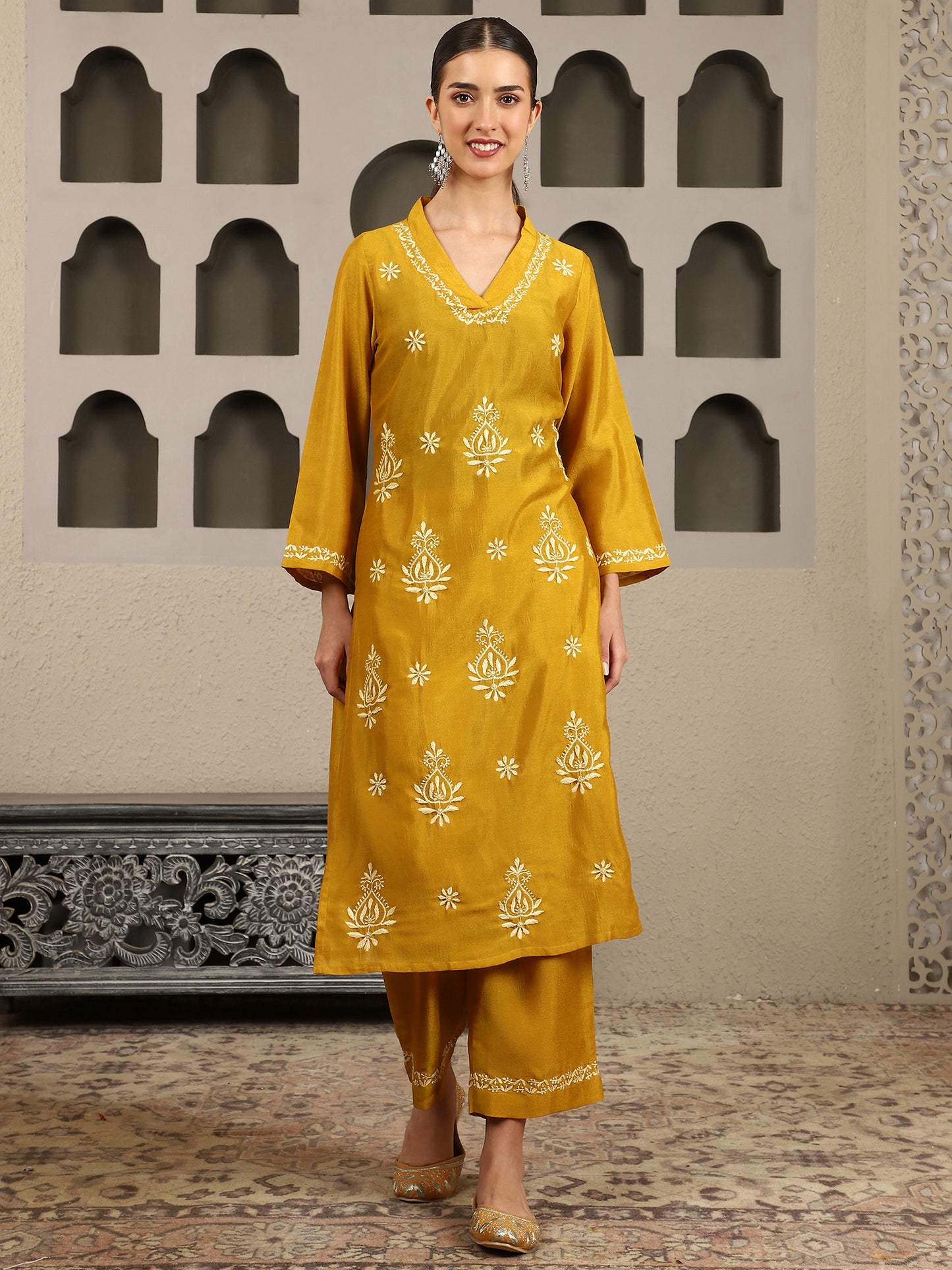 Ishani Yellow Chikankari Kurta Set with Butter Yellow Yoke – V Neck