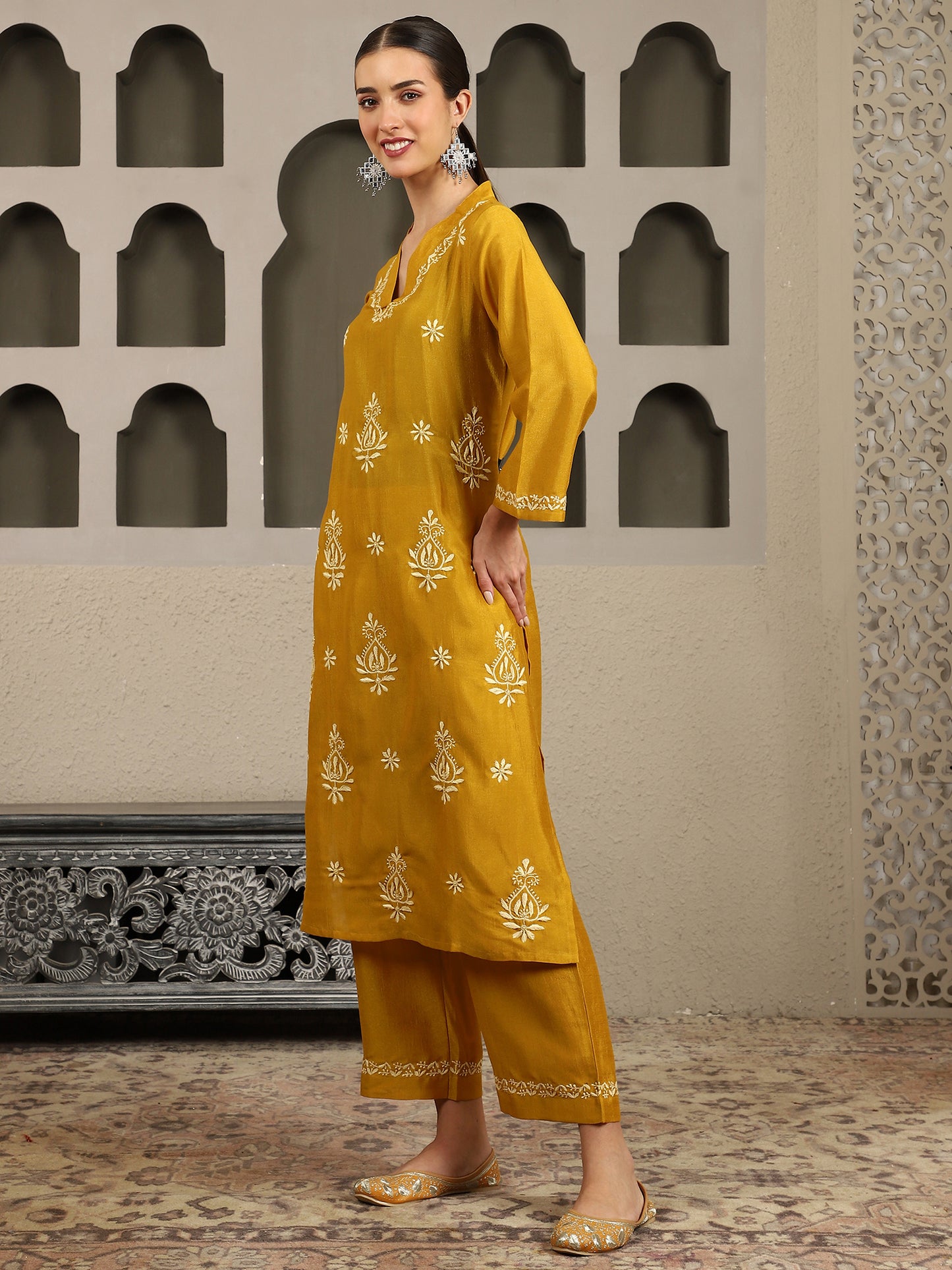 Ishani Yellow Chikankari Kurta Set with Butter Yellow Yoke – V Neck