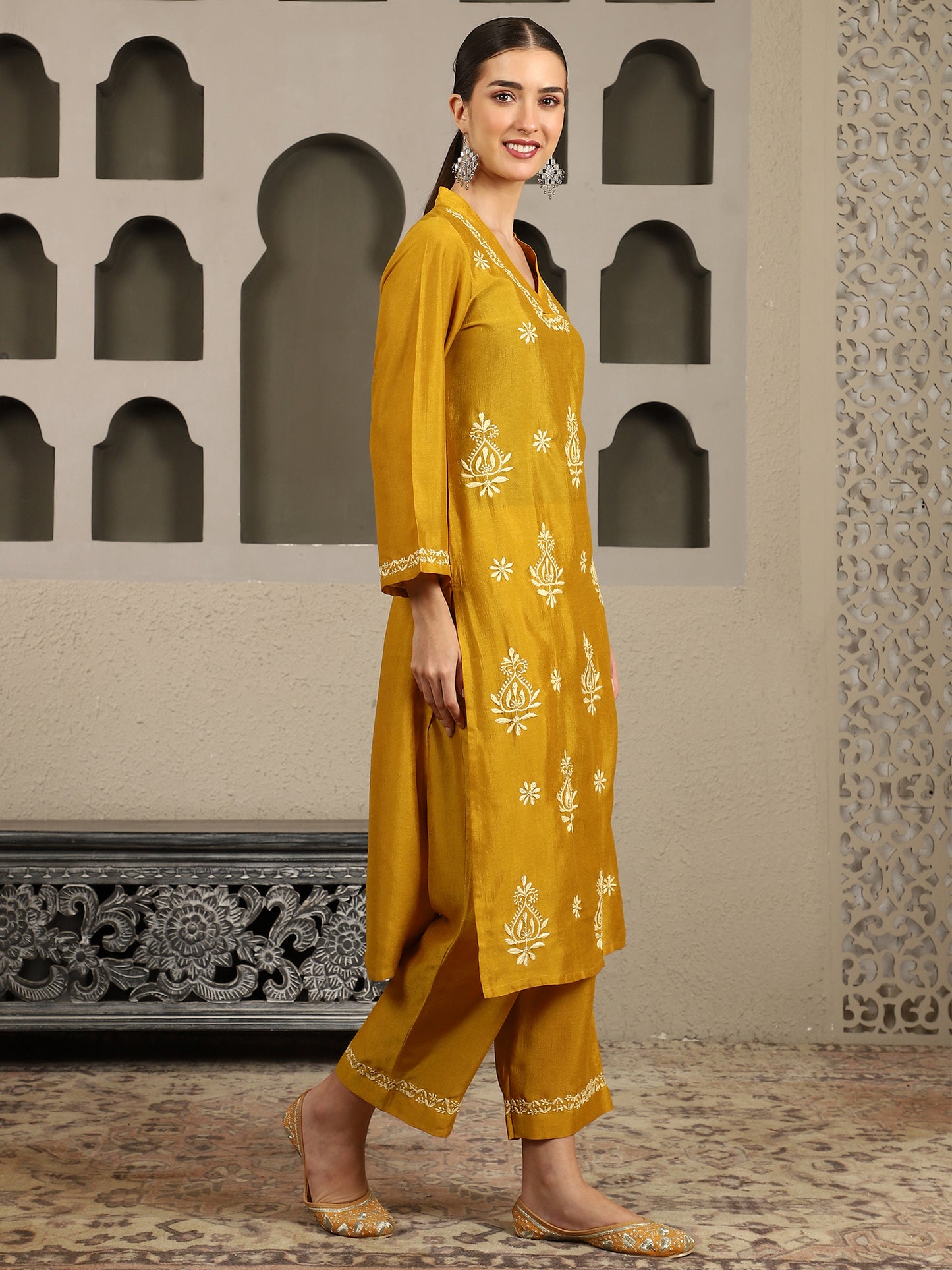 Ishani Yellow Chikankari Kurta Set with Butter Yellow Yoke – V Neck