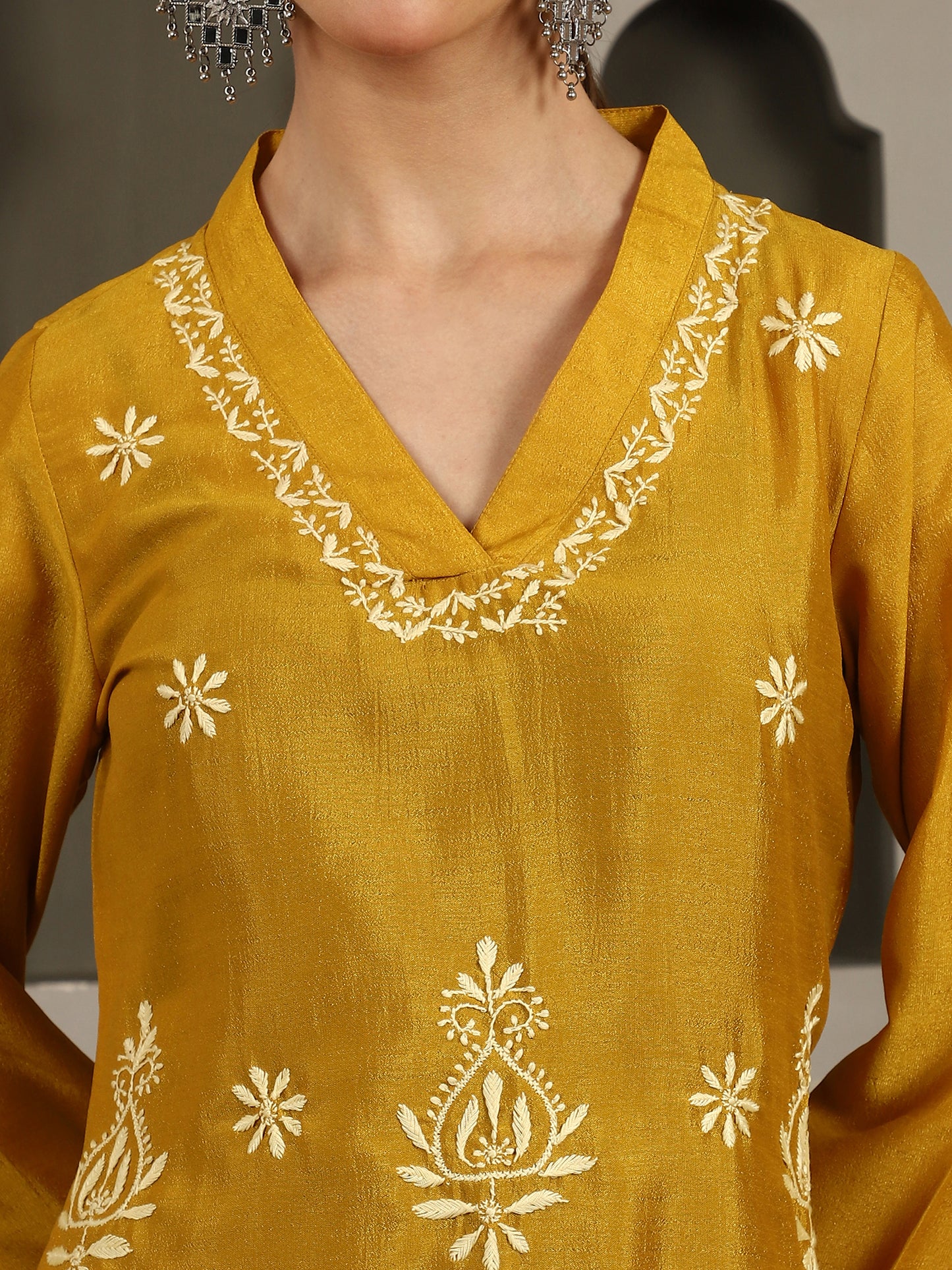 Ishani Yellow Chikankari Kurta Set with Butter Yellow Yoke – V Neck