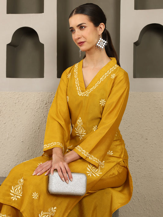Ishani Yellow Chikankari Kurta Set with Butter Yellow Yoke – V Neck