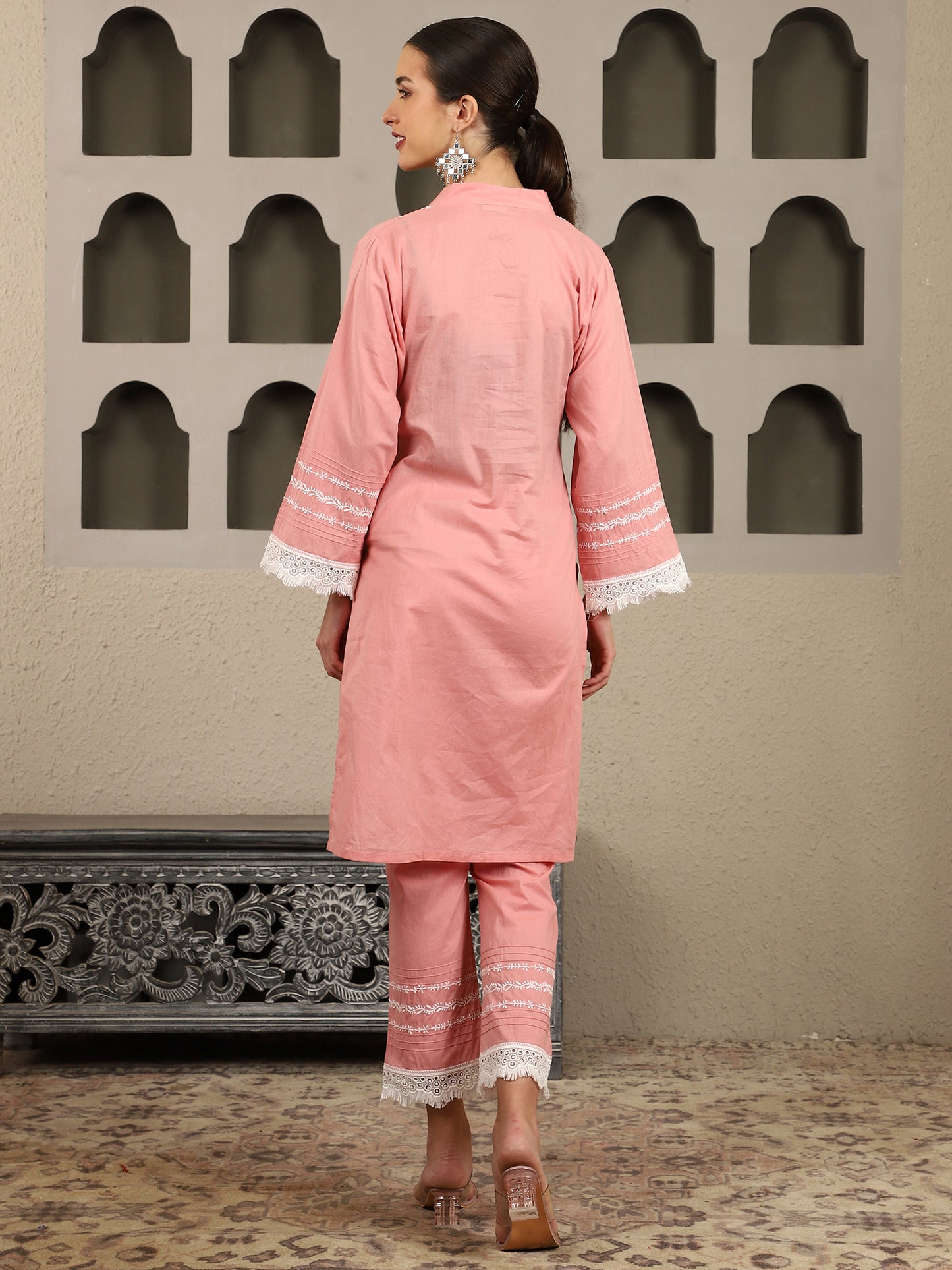 Chahak Pink Chikankari Kurta Set with White Thread – V Neck