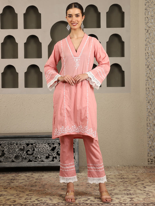 Chahak Pink Chikankari Kurta Set with White Thread – V Neck