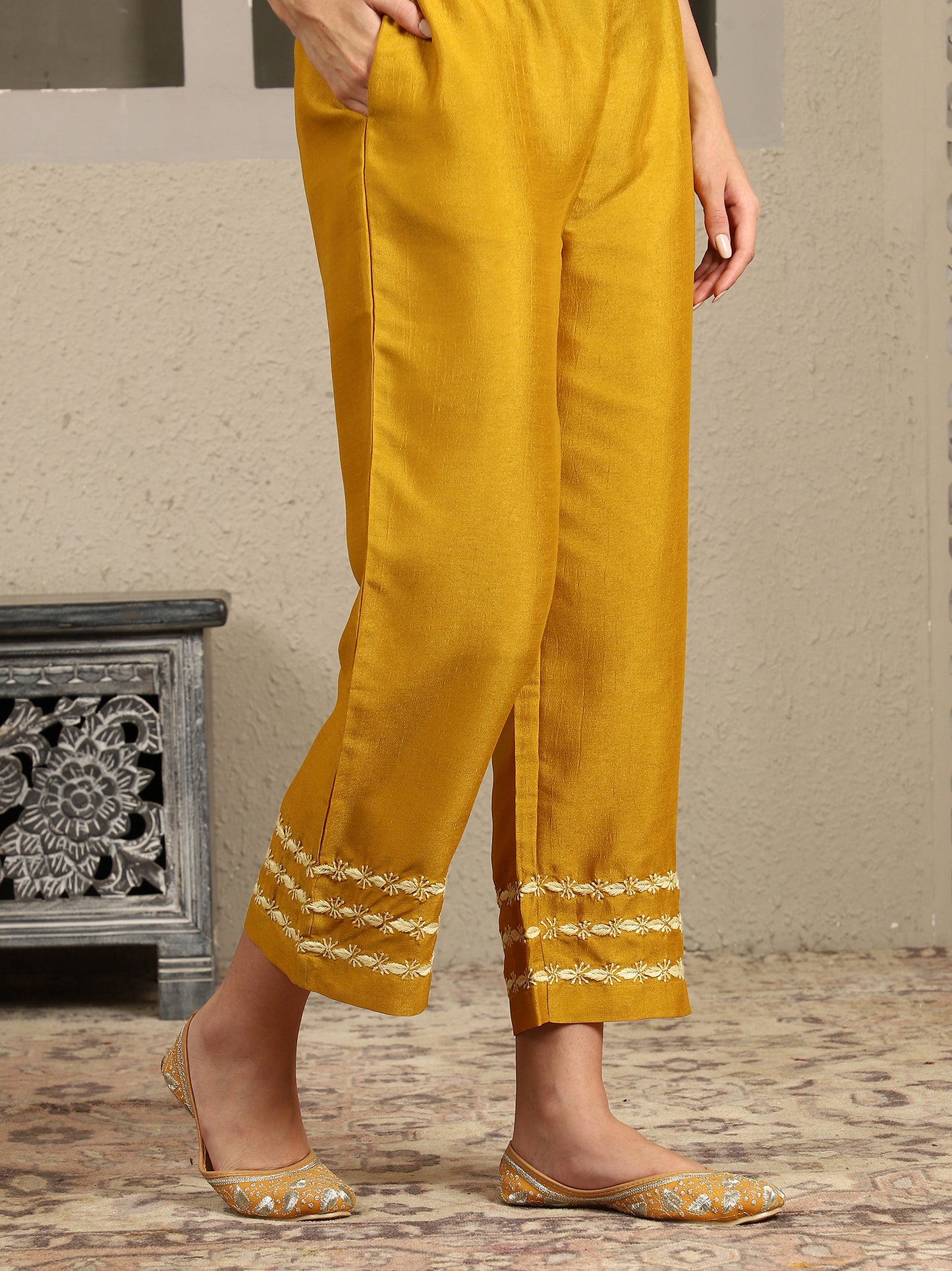 Jenika Yellow Chikankari Kurta Set with Butter Yellow Yoke – Notch Neck