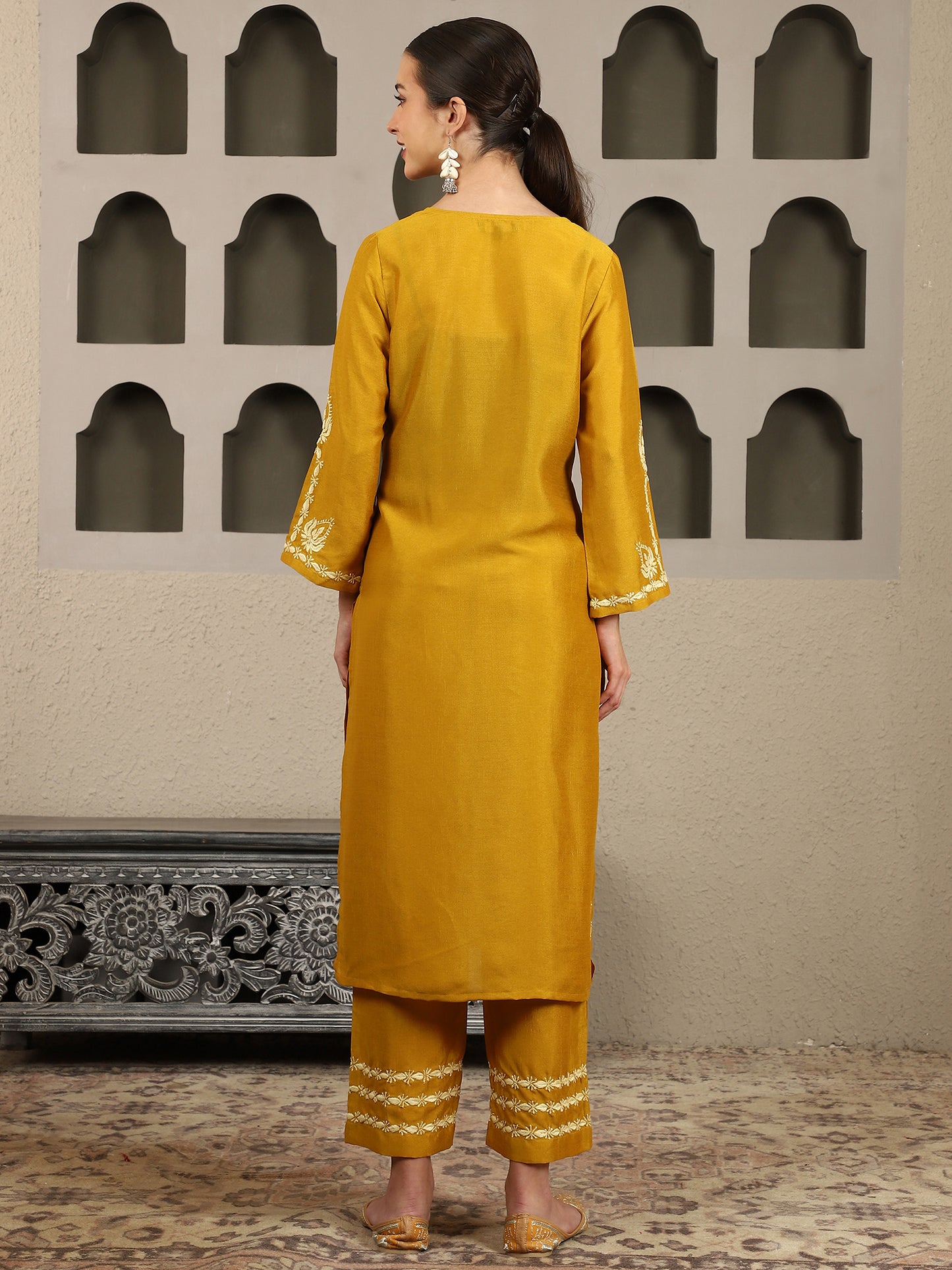 Jenika Yellow Chikankari Kurta Set with Butter Yellow Yoke – Notch Neck