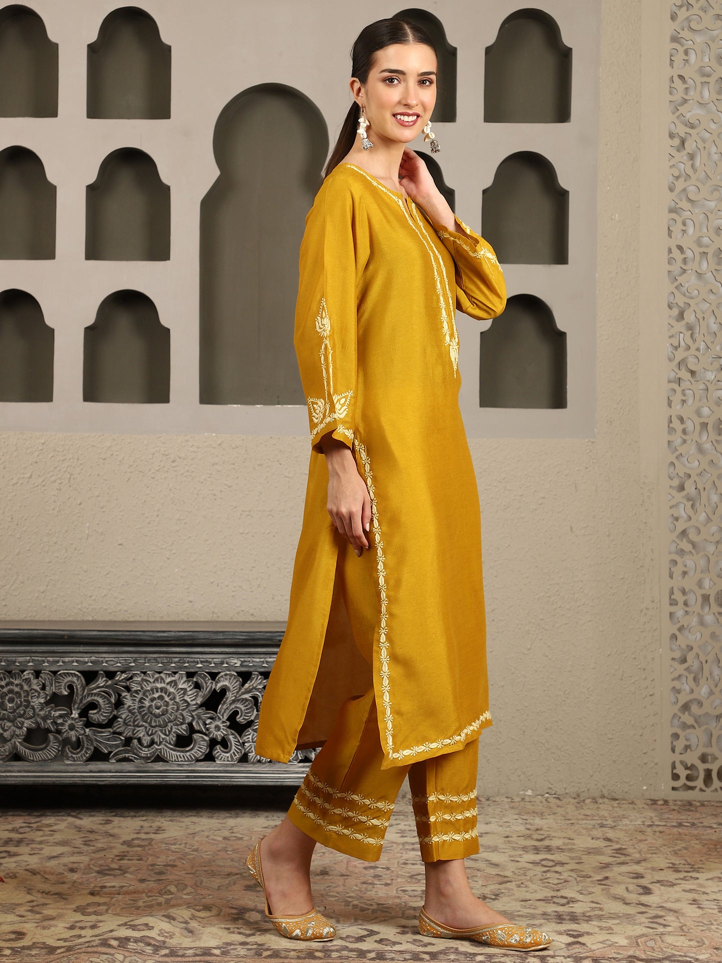 Jenika Yellow Chikankari Kurta Set with Butter Yellow Yoke – Notch Neck