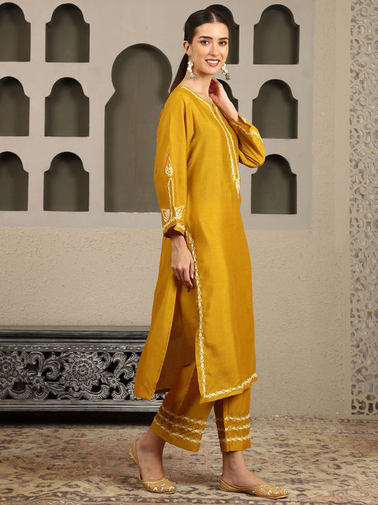 Jenika Yellow Chikankari Kurta Set with Butter Yellow Yoke – Notch Neck