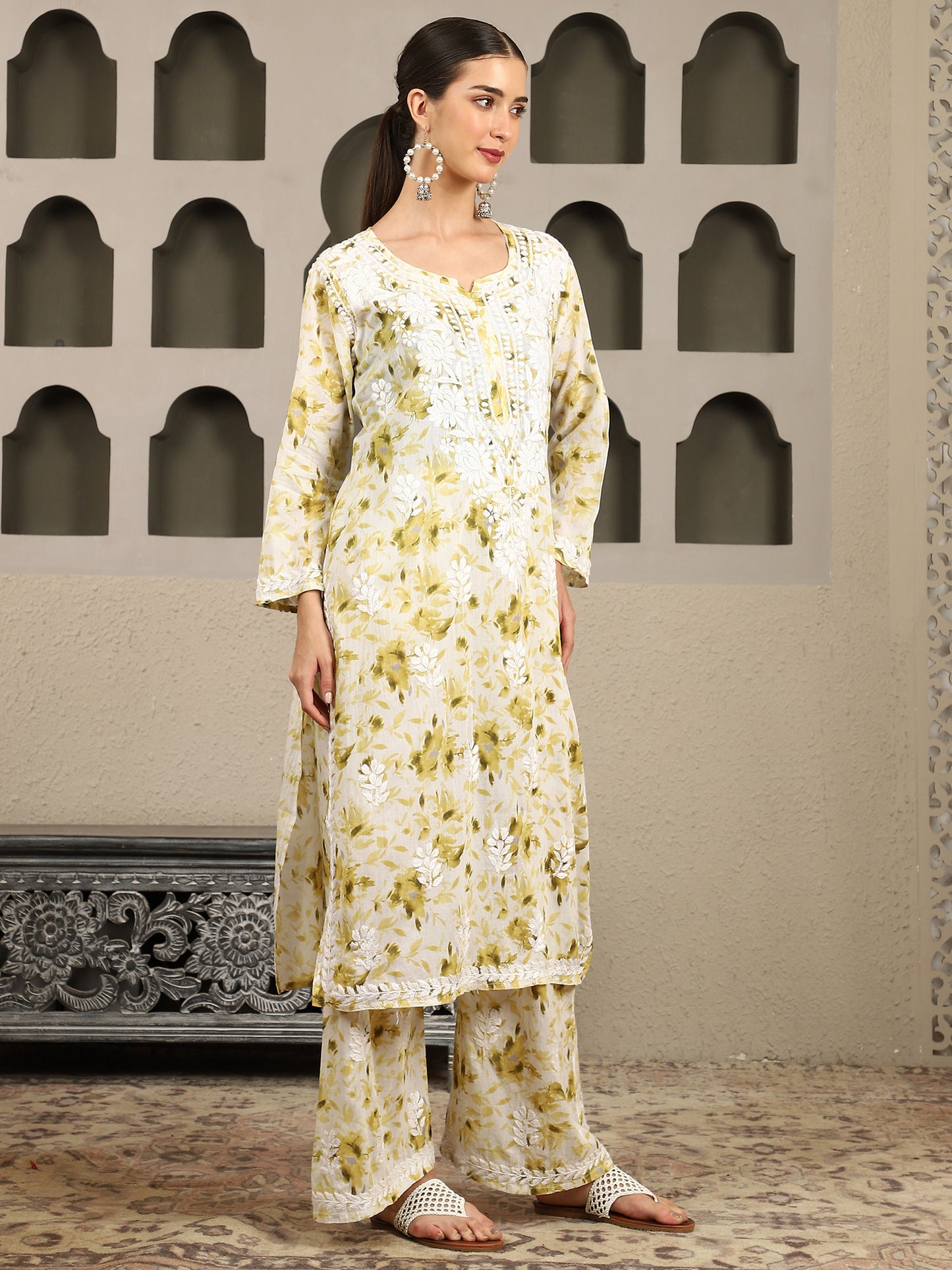 Falak Mulmul Chikankari Kurta Set with White Thread – Notch Neck
