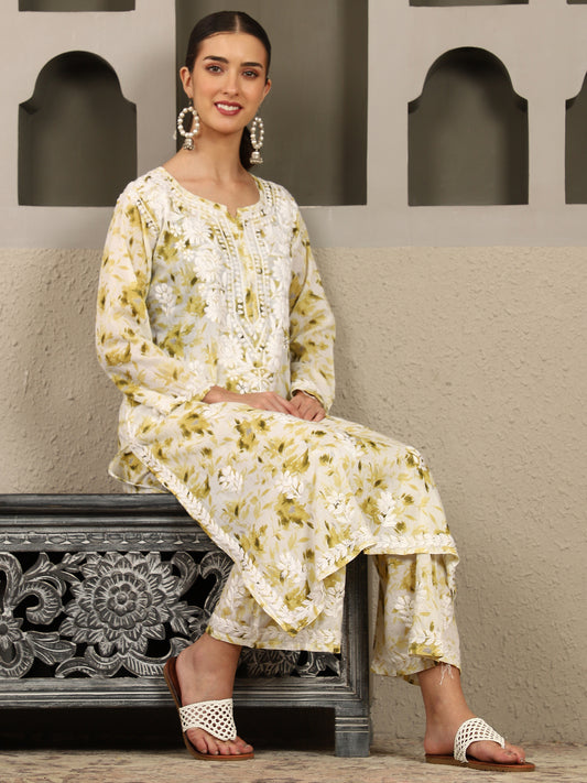 Falak Mulmul Chikankari Kurta Set with White Thread – Notch Neck