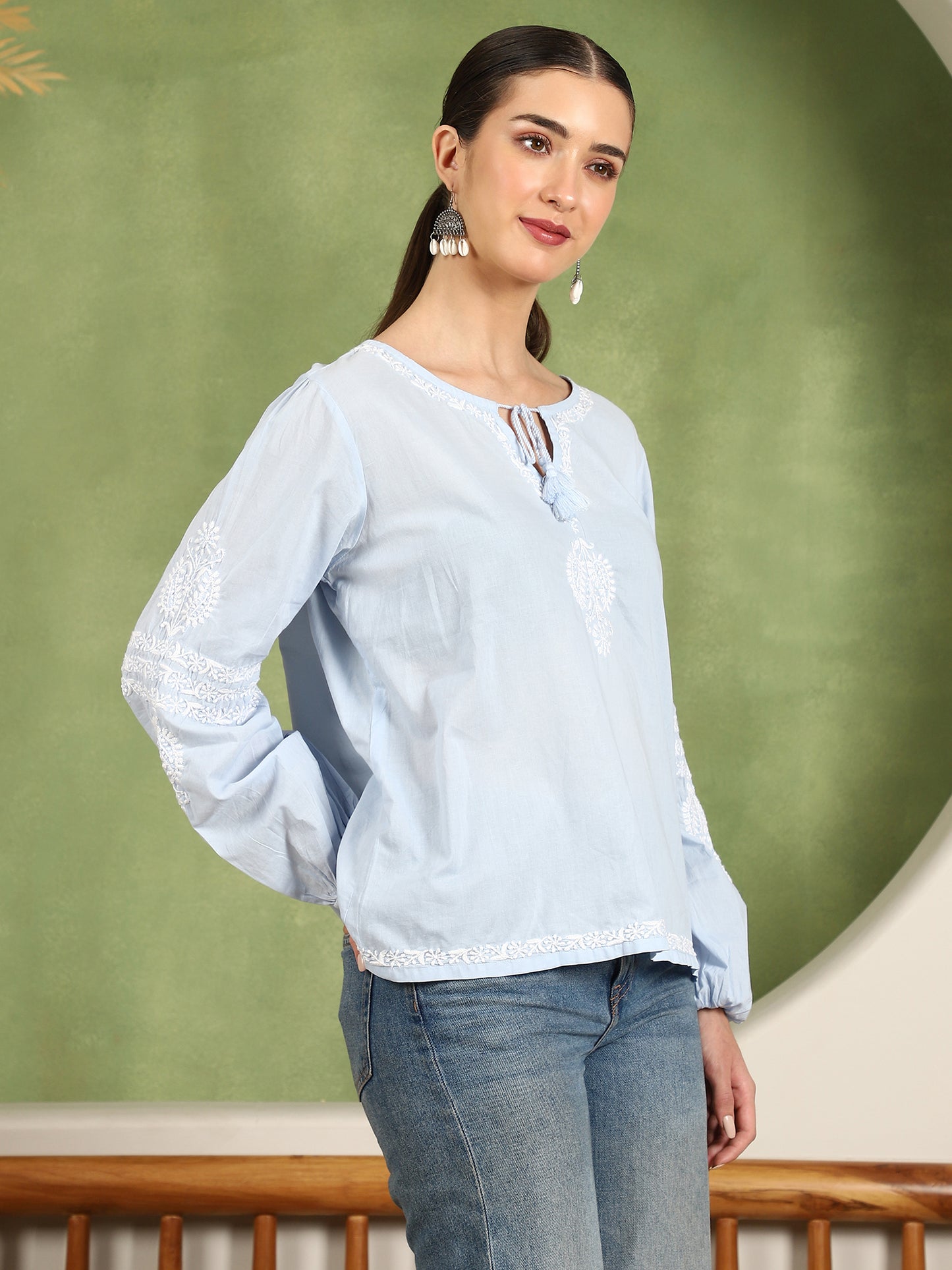 Aria Chikankari Top with White Thread & Balloon Sleeves – Blue