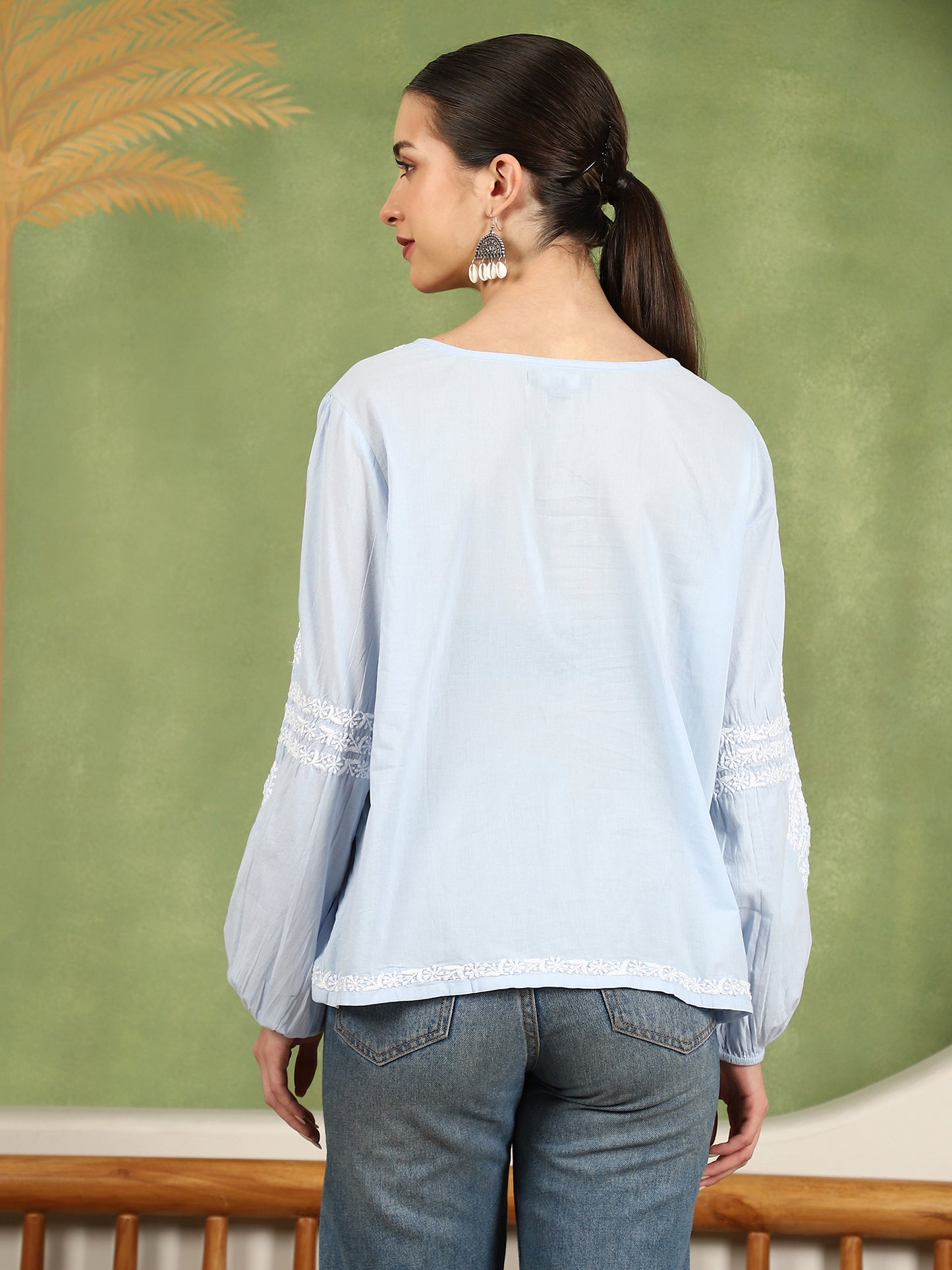 Aria Chikankari Top with White Thread & Balloon Sleeves – Blue