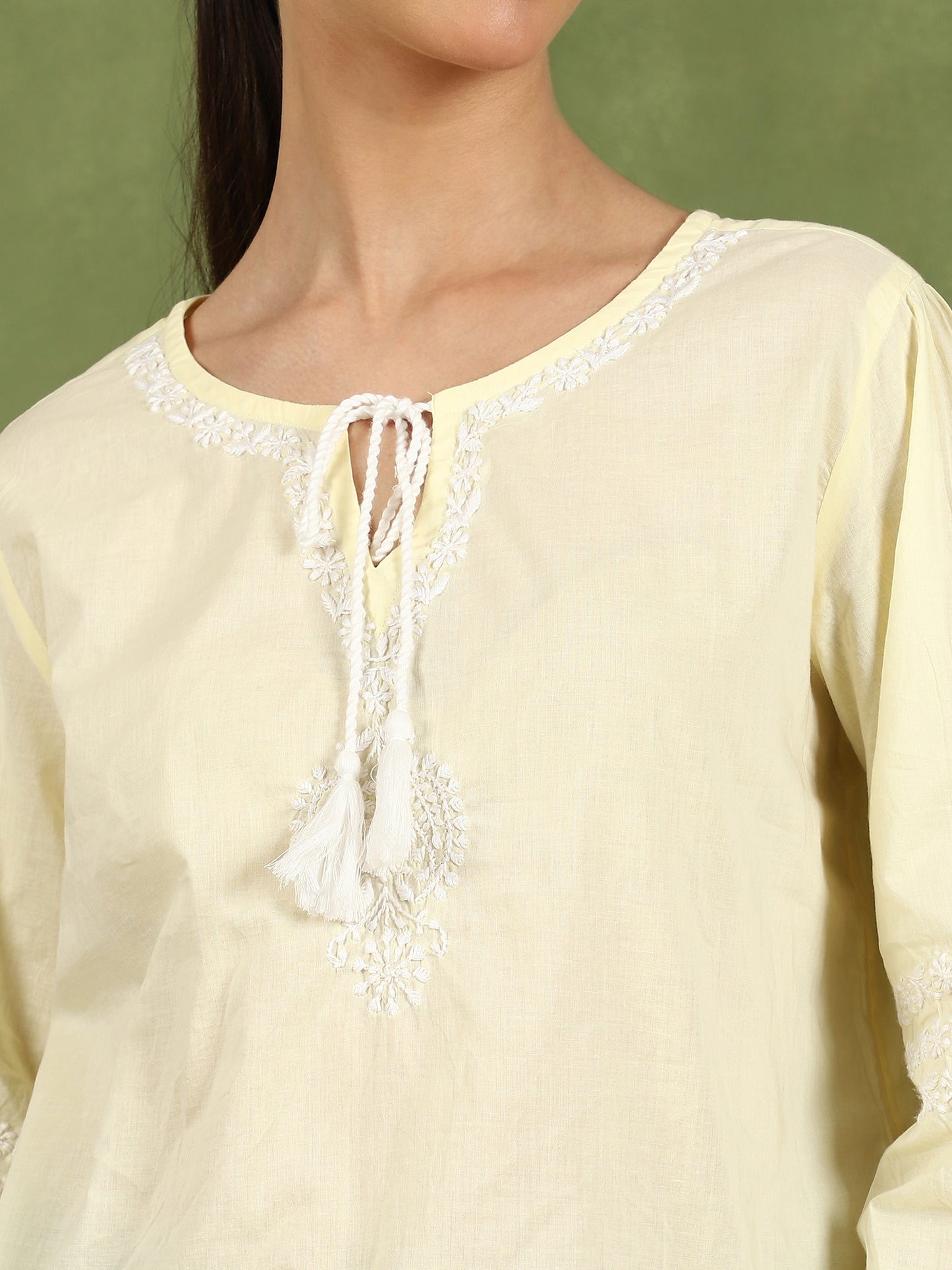 Aria Chikankari Top with White Thread & Balloon Sleeves – Yellow