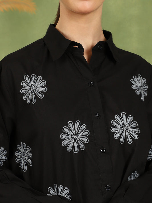 Floret Chikankari Shirt with Grey Boota – Spread Collar