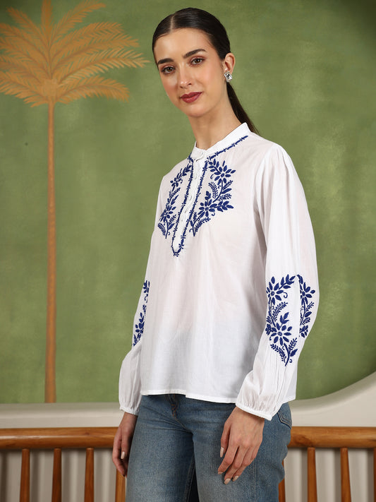 Freya Chikankari Top with Royal Blue Boota – white
