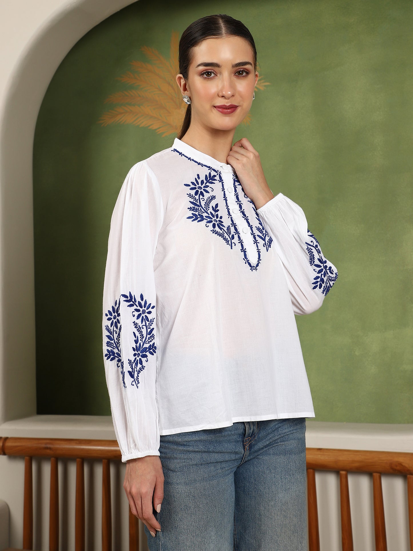 Freya Chikankari Top with Royal Blue Boota – white
