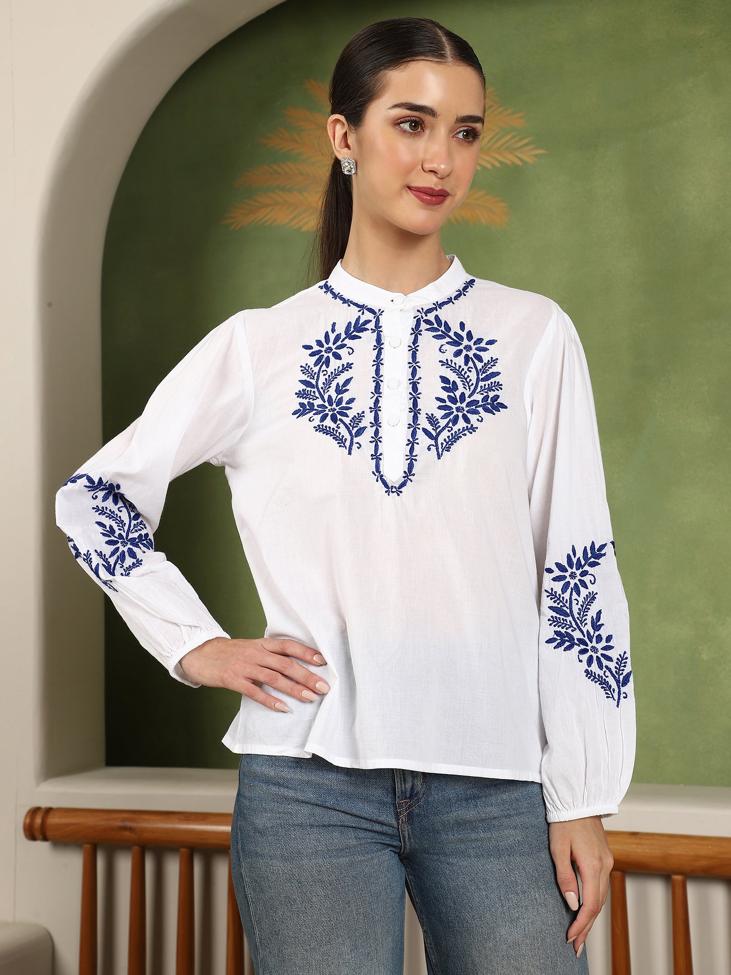 Freya Chikankari Top with Royal Blue Boota – white