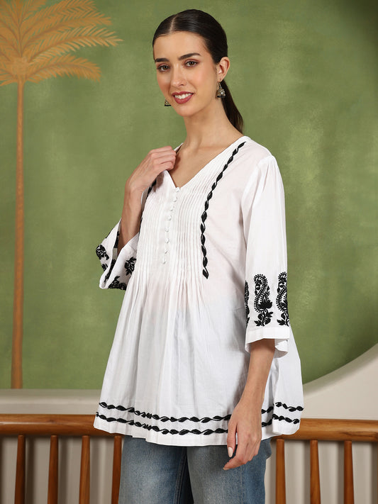 Elani Chikankari Top with Black Boota & Bell Sleeves – White