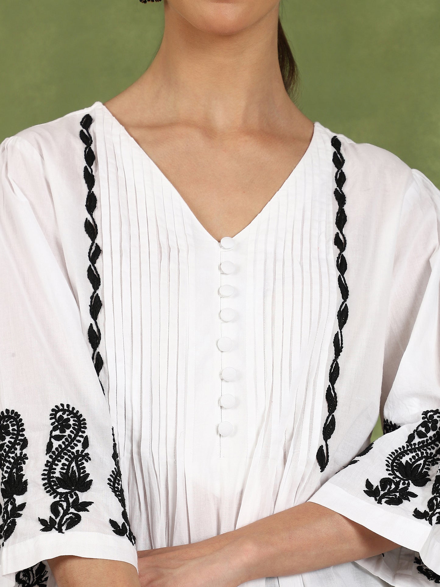 Elani Chikankari Top with Black Boota & Bell Sleeves – White
