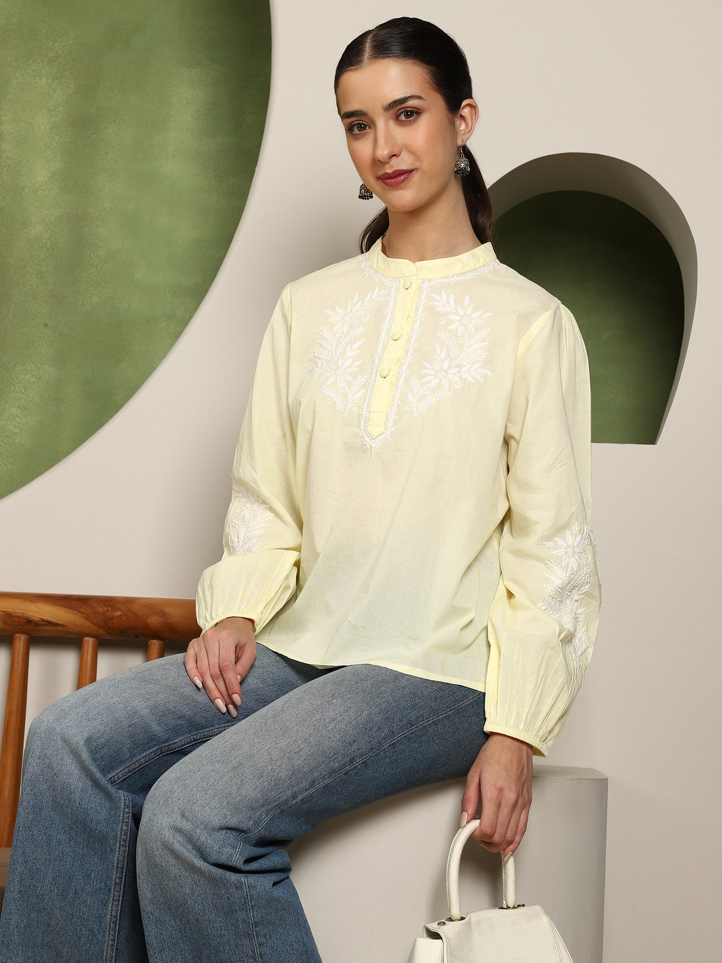 Freya Chikankari Top with White Boota – Yellow