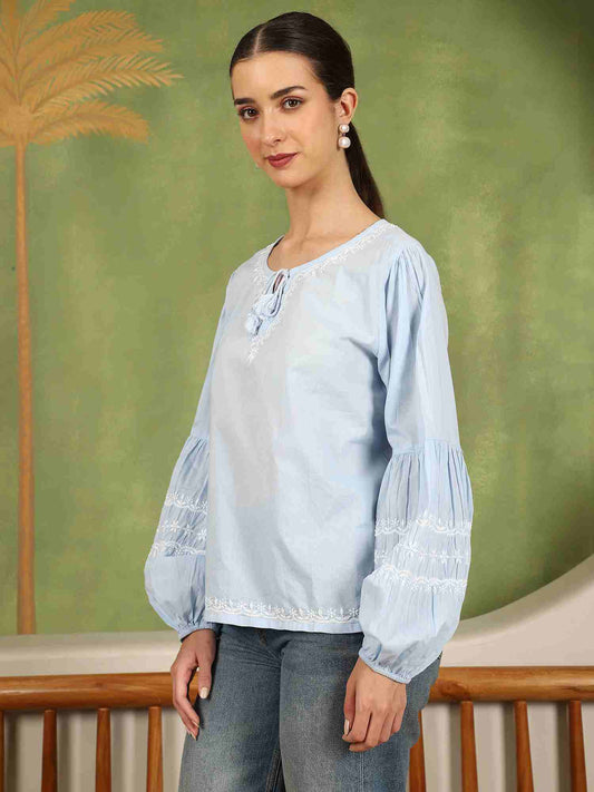 Felicia Balloon Sleeve Chikankari Top with White Thread – Blue