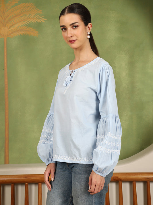 Felicia Balloon Sleeve Chikankari Top with White Thread – Blue