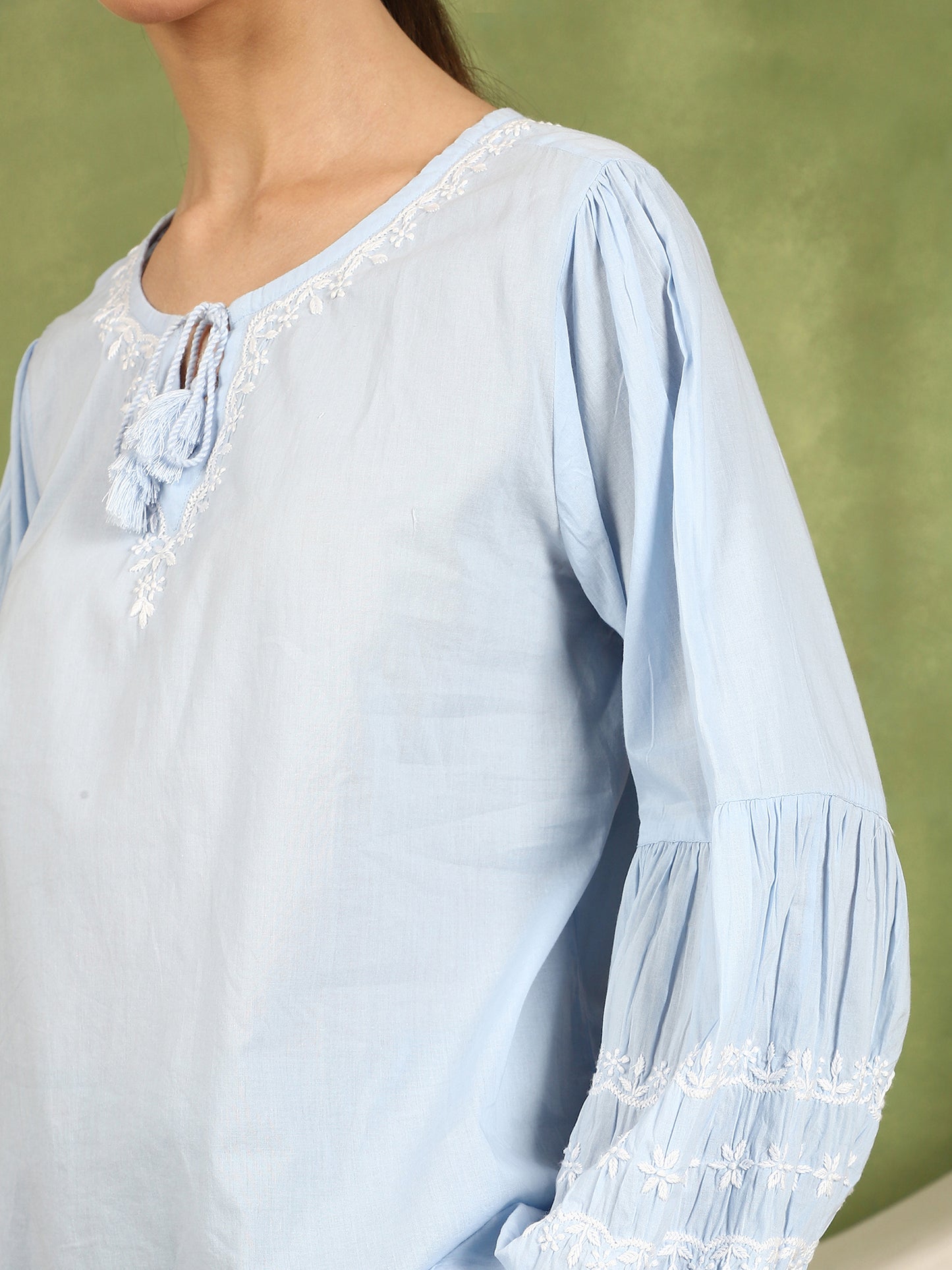 Felicia Balloon Sleeve Chikankari Top with White Thread – Blue