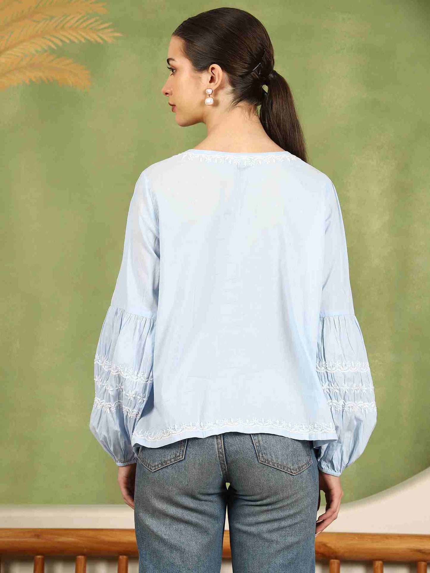 Felicia Balloon Sleeve Chikankari Top with White Thread – Blue