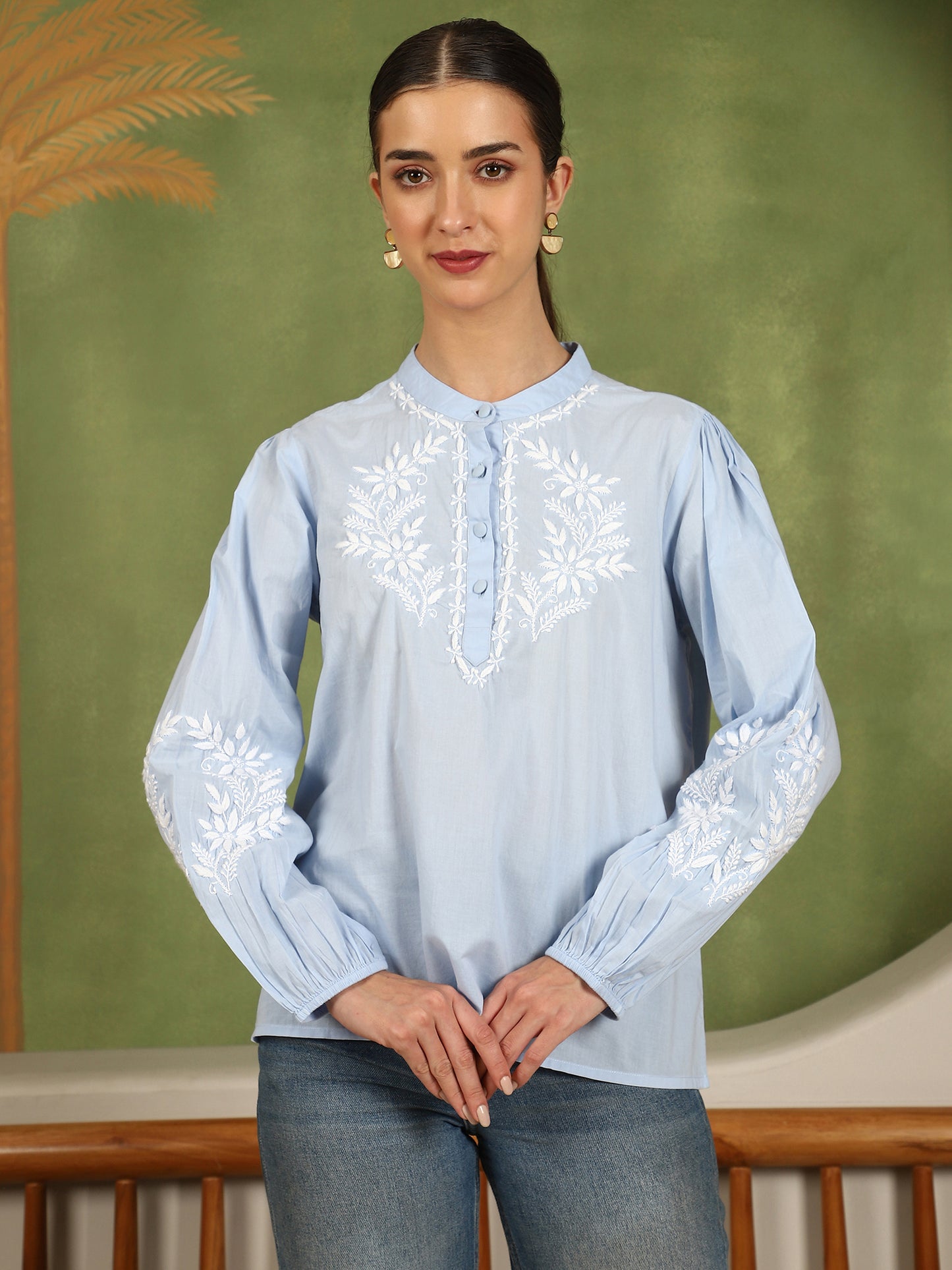 Freya Chikankari Top with White Boota – Blue